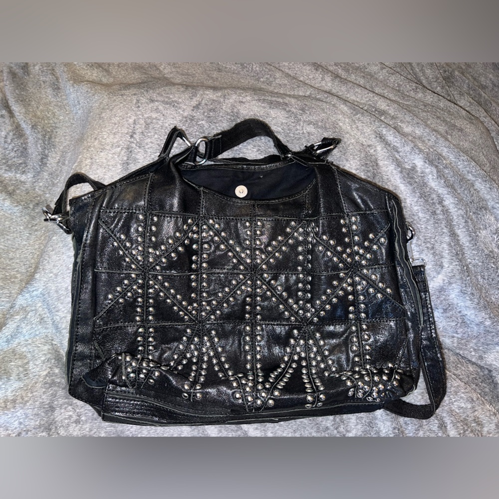 Silver Studded Black Leather Multi Compartment Women's Large Tote/Crossbody